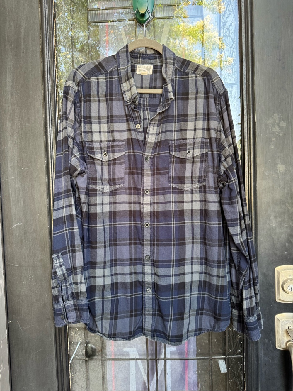 🛹 Converse One Star Plaid Flannel Button Up Shirt Men's XL Gray Blue